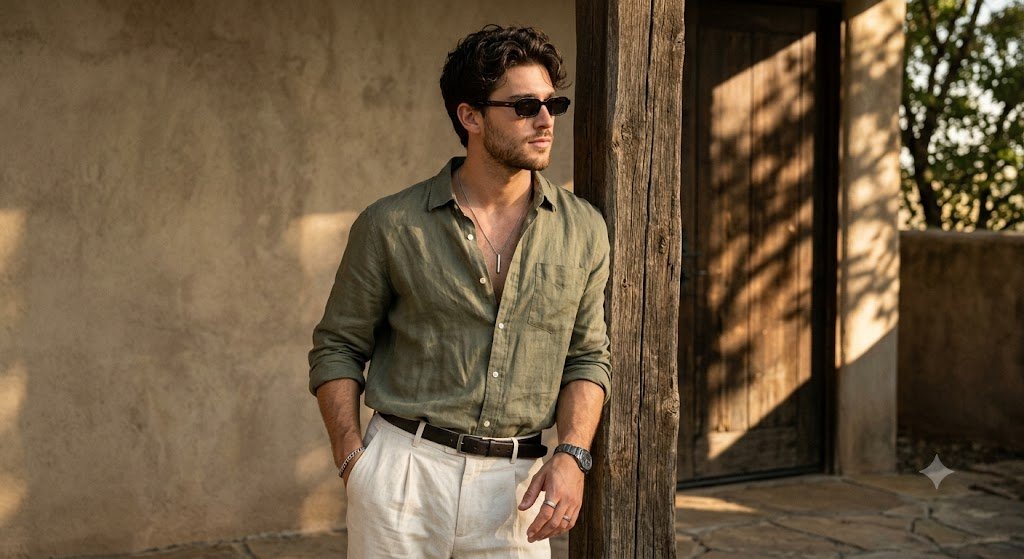 Handsome Young Man in Linen Leaning on Wooden Post in Golden Hour - Gemini AI Photo Prompt