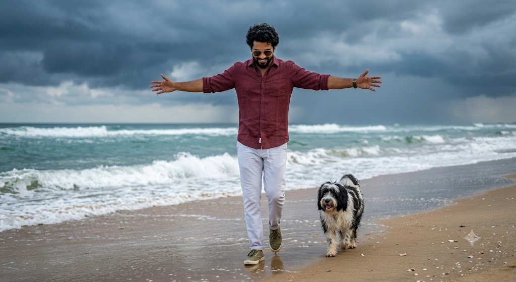 Man Walking with Dog on Stormy Beach Ai Prompt - Gemini AI Photo Prompt