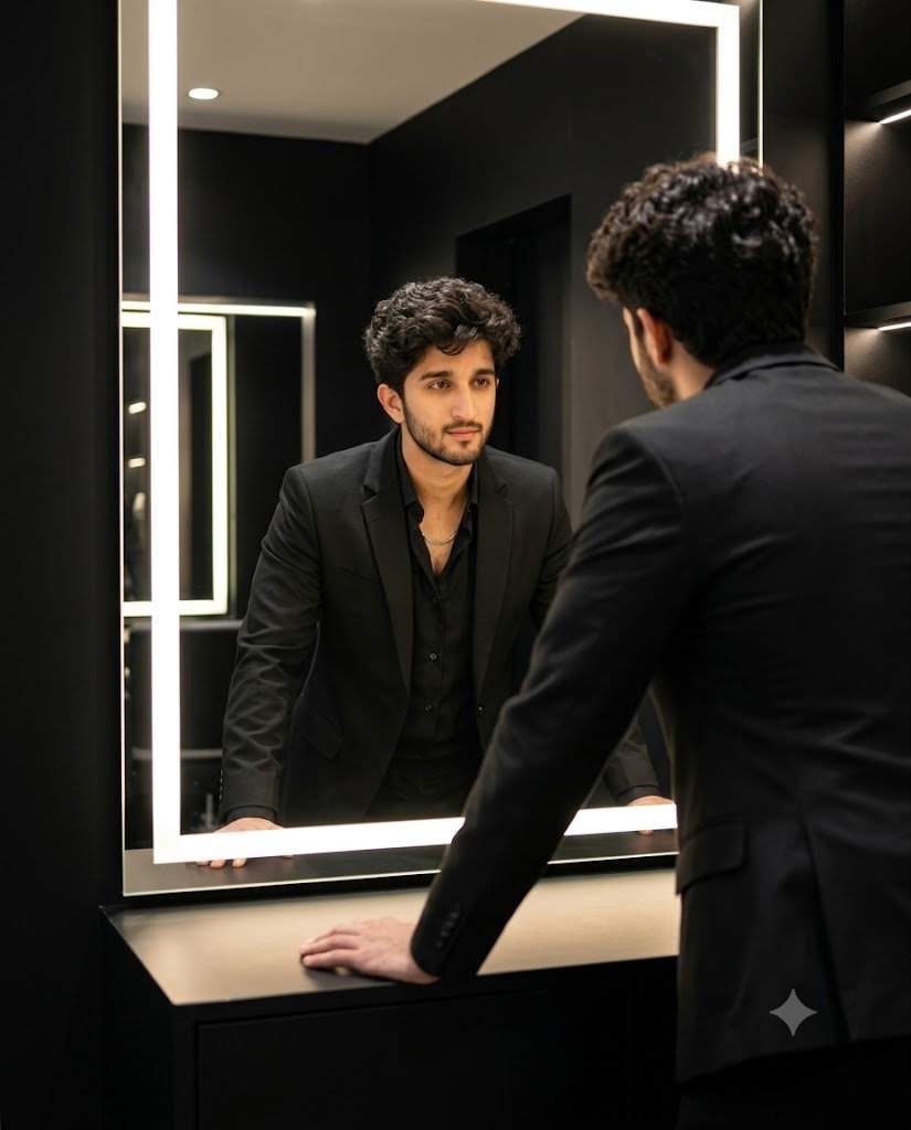 LED-framed mirror  gemini AI photo prompt - Gemini AI Photo Prompt